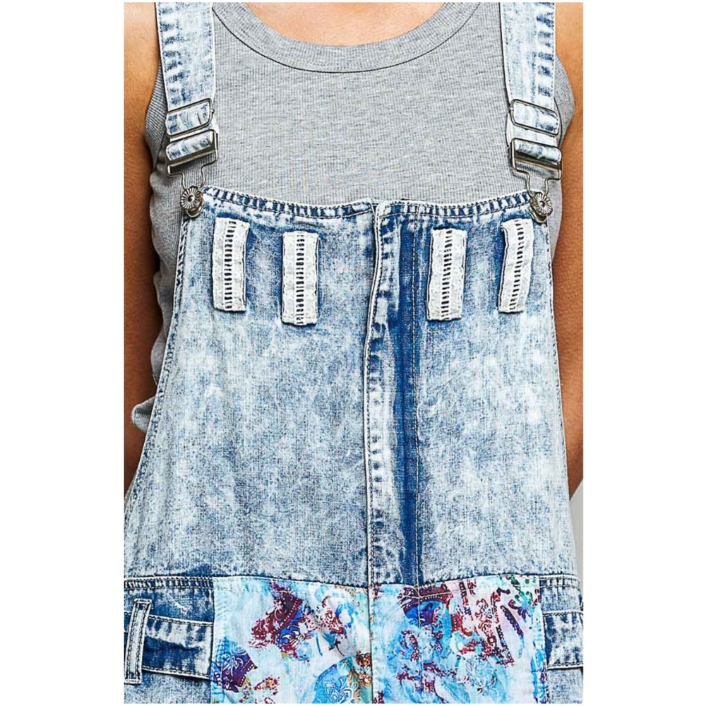 POL Acid Wash Floral Print Pockets Wide leg Denim Jean Bib Overalls - Picture 3 of 5